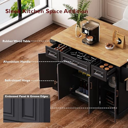 54inch Large Kitchen Island With Rubber Wood Drop Leaf,Embossed Texture Rolling Kitchen Cart On 4 Wheels With 4 Doors And 3 Drawers,Kitchen Island With Storage For Kitchen,Dining Room (Black-0t) - color: Black-0t)