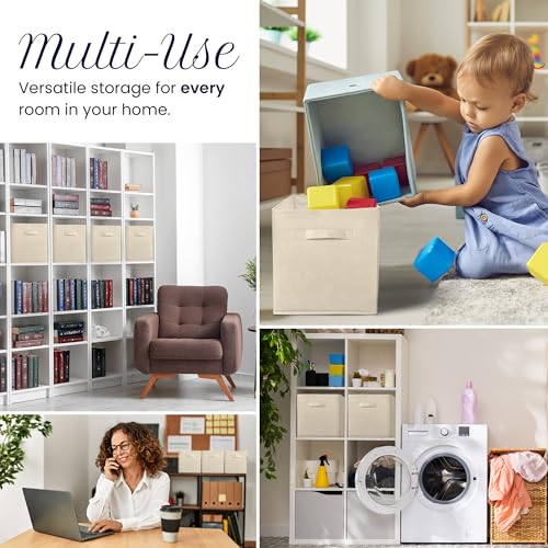 Reli. 11 Inch Cube Storage Bins (4 Pack) | Cube Organizer Bins | Collapsible, Foldable Fabric Cubby Box (Square) | 11x11 Fabric Storage Boxes | Kids Room Organization (Beige)