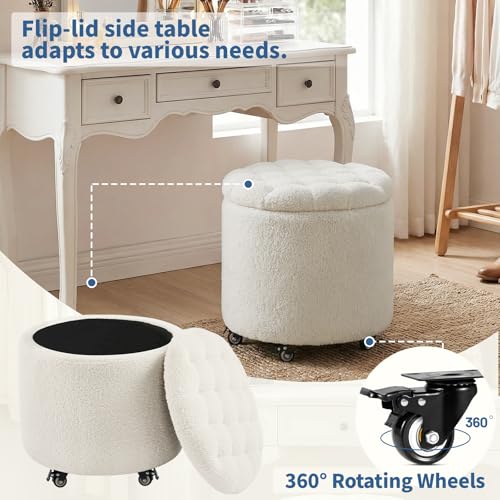 Modern Round Storage Ottoman with Wheels,Button Tufted Ottoman Footstool Ottomans with Removable Lid Storage Footstool for Living Room, Bedroom, Makeup Room, Faux Fur, White - color: White-2