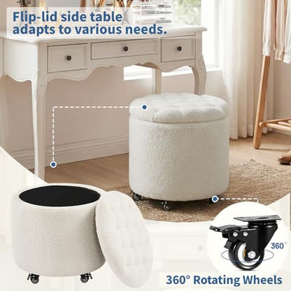 Modern Round Storage Ottoman with Wheels,Button Tufted Ottoman Footstool Ottomans with Removable Lid Storage Footstool for Living Room, Bedroom, Makeup Room, Faux Fur, White - color: White-2