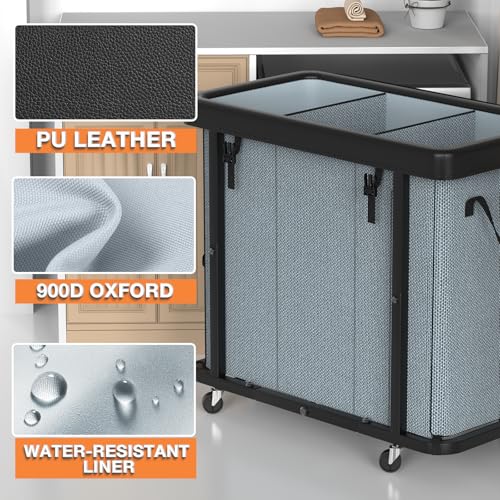 Laundry Basket with Wheels, 230L(60Gal) Laundry Sorter 3 Section - Gray | Leather Patchwork Laundry Hapmer, Sturdy Metal Frame, Removable Washable Bag, Tall Clothes Sorter for Bedroom - color: Gray, size: 3 Section-230L