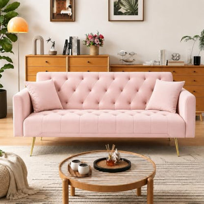 Anwick 72''Modern Velvet Sofa Bed Futon,Convertible Folding Sleeper Couches with 3 Adjustable Backrests,Tufted Recliner Loveseat with Golden Chrome Legs for Living Room Apartment Office (Pink-new) - color: Pink-new