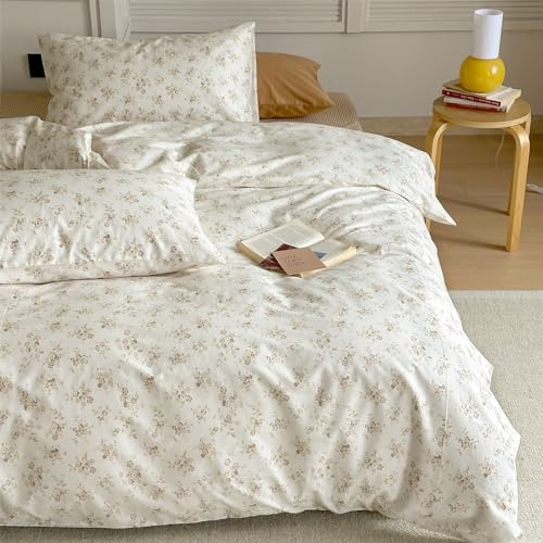 Floral Duvet Cover Full Size Coquette Off White Comforter Cover Full Boho Cotton Cute Lightweight Duvet Cover Set with Hidden Zipper Chic Soft Bedding Set Breathable Duvet Protector - color: B Floral02, size: Full(Duvet Cover and 2 Pillows Sham)
