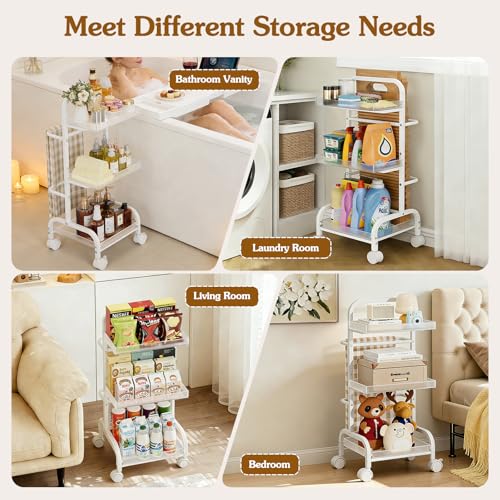 Bathroom Cart with Bathtub Tray Holder, Bathroom Organizers and Storage, Small Slim Shelf Organizer with Bath Tub Caddy Rack, 3 Tier Narrow Skinny Acrylic Rolling Cart for Laundry Room Living Room