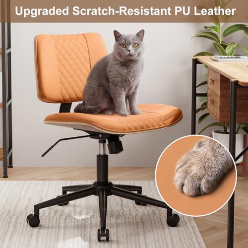 Modern Armless Office Chair with Wheels, Wide Seat Walnut, Brown | Adjustable Swivel Desk Chair with Mid Back & Tilt Function, Faux PU Leather Mid Century Modern Task Office Chair, 300LBS Cap - color: Brown, size: MCM Style Wide Seat