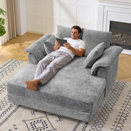 VINGLI Modern Floating Chaise Lounge Chair with Acrylic Legs, Upholstered Cushion Deep Seat Lounge Sofa with Iron-Wood KD Frame, Pillow Armrest, Accent Chair for Living Room, Play Room Apartment - color: Blue Grey, style: Modern