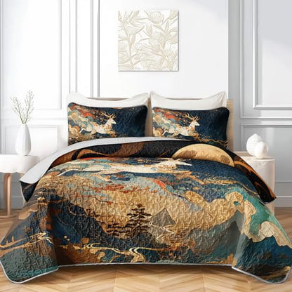 AILONEN Antler Deer Queen Quilted Comforter Set, Night Wave Printed Bedding with 2 Pillowcases, Microfiber Filling, Master Family Bedroom - color: Moon Night Elk, size: Queen