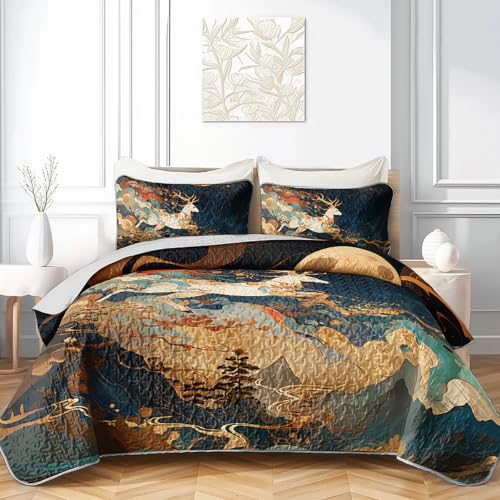 AILONEN Cloud Deer King Quilted Comforter Set, Moonlit Peak Printed Bedding with 2 Pillowcases, Microfiber Filling, Main Family Bedroom - color: Moon Night Elk, size: King