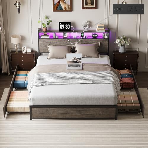 VINGLI King Bed Frame with 4 Storage Drawers and Adjustable Headboard Shelf, Metal Platform Captain Bed with Charging Station and RGB LED Lights, No Box Spring Needed, Noise Free, Wash Grey - color: Wash Gray, size: King/4 Drawers