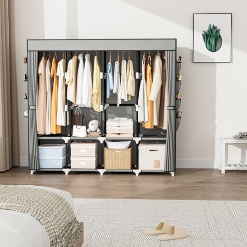 Portable Closet for Hanging Clothes, 67 Inch Wide Portable Wardrobe Closet with Cover, 4 Hanging Rod, Storage Shelves and Side Pockets, Large Free Standing Closet for Bedroom, Grey - color: Grey, size: 4 Row - 67'' Wide