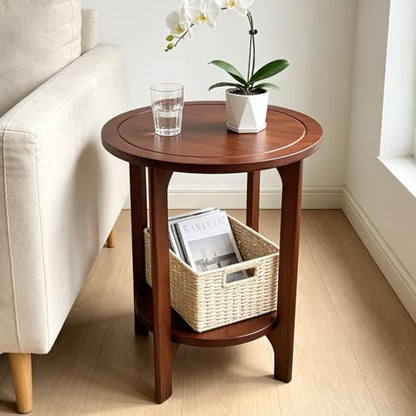 Solid Wood Round Side Table for Living Room, Bedroom | 2-Tier Wooden End Tables, Mid Century Modern Circular Nightstand Bedside Table, Easy Assembly (Walnut) - color: Walnut