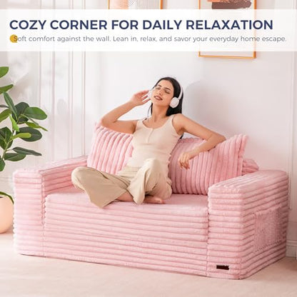 MAXYOYO Convertible Sofa Bed, Pull-Out Loveseat Couch Bed for Small Space | 2 in 1 Folding Couch Bed with Large Back Pillow, Plush Faux Fabric Lounge Couch for Living Room, Apartment, Pink - color: Pink