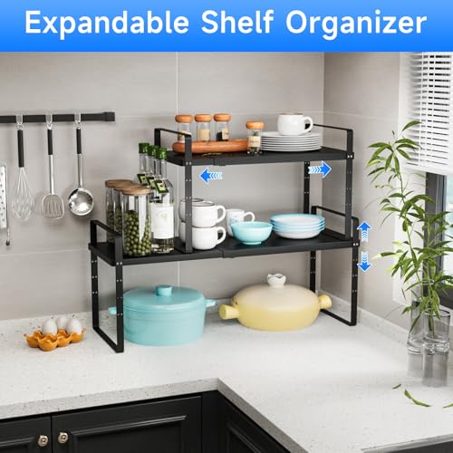 Expandable Cabinet Shelf Organizer, Stackable Kitchen Pantry Counter Storage, Adjustable Closet Cupboard Stand Rack Risers Spice Organization 80LBS Heavy Duty Black 2 Pack - color: Black Small