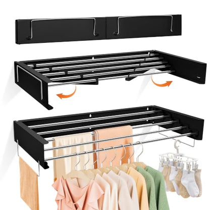Wall Mounted Drying Rack 32" – Foldable Clothes Drying Rack Wall Mounted, 65LBS Laundry Rack Wall Mounted, Retractable Clothes Rack for Laundry Room, Indoor & Outdoor Space Saver, 5 Rods, Black - color: Black