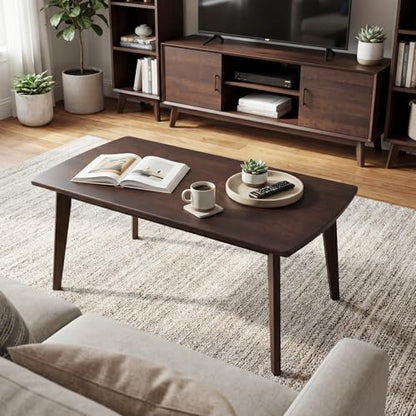 GOFLAME Solid Wood Coffee Table, 34.5" x 21" x 17" Mid-Century Modern Center Table with Storage, Curved Edges, Retro, Small Japanese Floor Table with Tapered Legs for Living Room, Apartment, Walnut