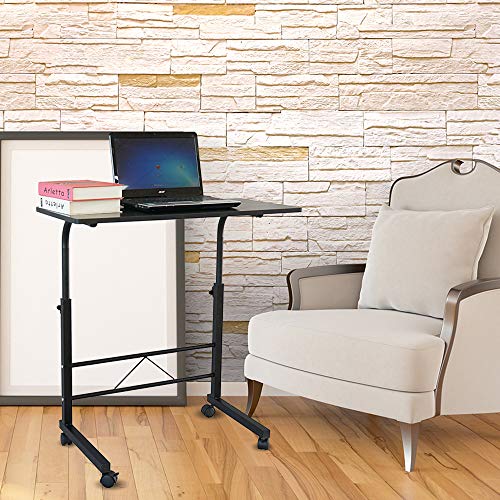 Sofa Side Table C Shaped End Table with Wheels, Black Rolling Bedside Laptop Table Snack Table TV Tray, Height Adjustable, Wooden Top & Metal Frame - color: Black, 31.5"-style 2