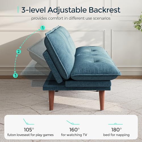 LINSY HOME Futon Sofa Bed, 70" Chenille Futon Couch with Adjustable Backrest Armrest, 3 in 1 Convertible Comfy Loveseat Sleeper Sofa Bed for Small Spaces Dorm Room Apartment Home Office, Blue