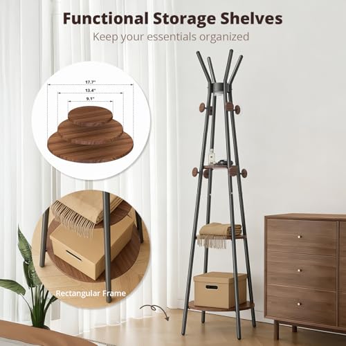 young master Freestanding Coat Rack with Light, 12 Hooks & 3 Wood Shelves, Black