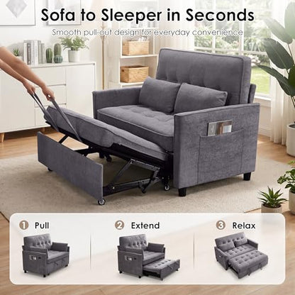 Dreamzie 55'' 3 in 1 Convertible Sofa Bed with USB Charging Ports, Pull Out Couch with Adjustable Backrest and Side Pockets, Sleeper Sofa for Living Room, Apartment, RV, Easy Assembly - Grey - color: Grey