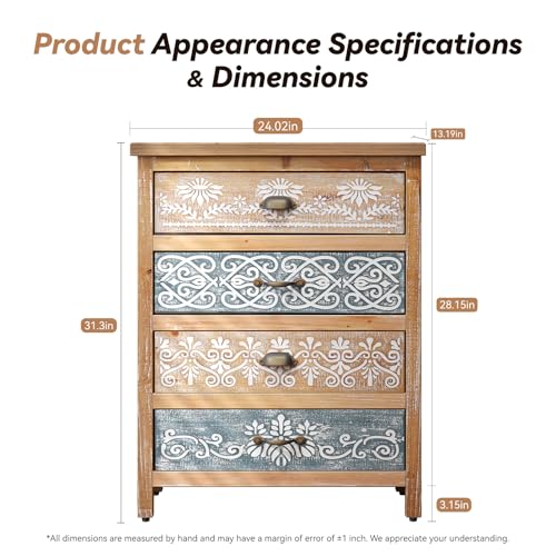 Boho Small Accent Cabinet with Hand-Painted Floral Drawers | Rustic Wood Storage Cabinet with 4 Drawers | Decorative Entryway Cabinet for Living Room, Dining Room, Kitchen | Solid Fir Wood Frame - color: Blue and Brown