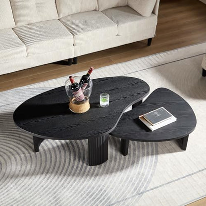 Modern Nesting Coffee Tables Set, 2-Piece Irregular Circle Wood Center Tables Unique End Side Table for Living Room Office, Fluted Legs Easy Assembly - Black - color: 49.41"&28.35-black