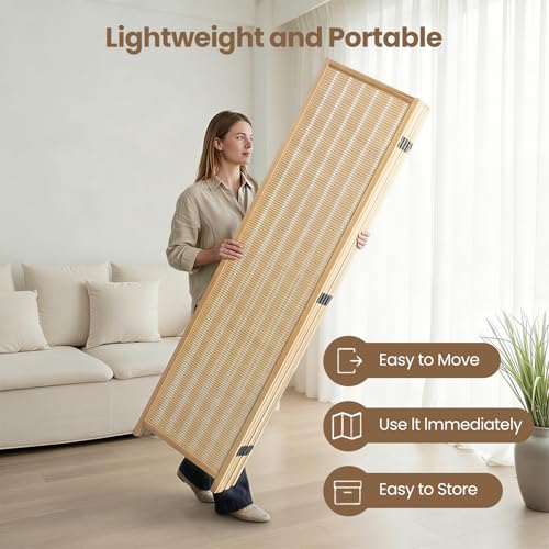 4 Panel Bamboo Room Divider, Folding Privacy Screen, Natural | Pine wood frame, dual-action stainless steel hinges, 5.6FT tall, extends to 63 inches wide, no assembly - color: Natural, size: 4 Panel