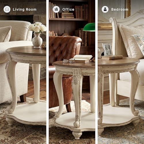 Signature Design by Ashley Realyn Round End Table, French Country, White | Ash veneer & engineered wood, Cast resin corbels, Fixed lower shelf, French country side table, White end table