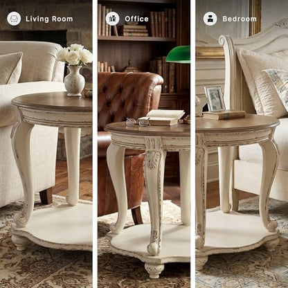 Signature Design by Ashley Realyn Round End Table, French Country, White | Ash veneer & engineered wood, Cast resin corbels, Fixed lower shelf, French country side table, White end table