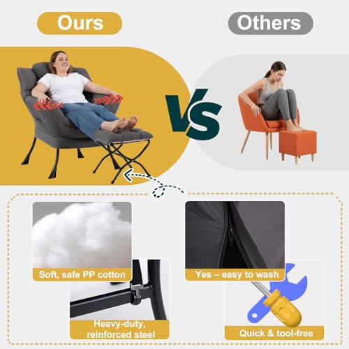 Lazy Chair with Ottoman, Comfy Reading Chair for Bedroom，Grey | Comfy Bedroom Accent Chair with Washable Removable Cover and extra throw pillow for Living Room Dorm - color: Peach Dark Grey-1