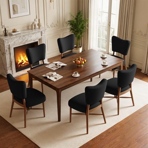 Dining Chairs Set of 6, Linen Upholstered, Solid Wood Legs, Black | Mid Century Farmhouse, Cross-Brace Reinforced, Padded Cushion, Easy 15-Min Assembly, Kitchen Dining Room - color: Black, size: Set of 6