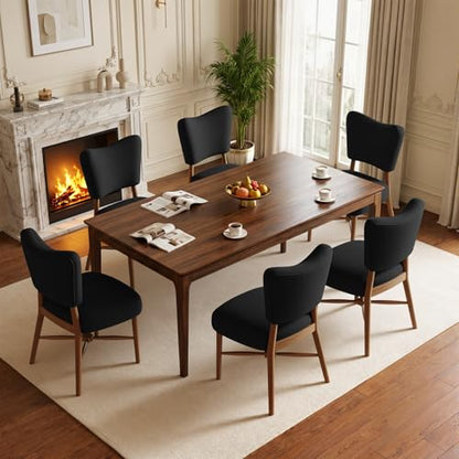 Dining Chairs Set of 6, Linen Upholstered, Solid Wood Legs, Black | Mid Century Farmhouse, Cross-Brace Reinforced, Padded Cushion, Easy 15-Min Assembly, Kitchen Dining Room - color: Black, size: Set of 6