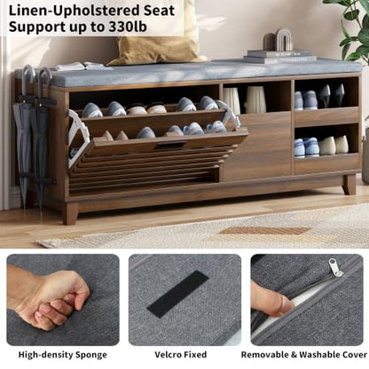 47.2" Shoe Storage Bench with Flip Drawer, 2-Tier Entryway Bench with Padded Seat Cushion & 2 Pull-out Shelves & Semi-open storage, Shoe Rack Bench with Side Holder for Hallway,Bedroom (Walnut)