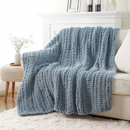 Battilo Chunky Knit Throw Blanket for Couch, 50"x60", Dusty Blue | Hand Knit with Chunky Yarn, Cozy Warm Soft Chenille Throw Blanket for Bed, Sofa, Living Room - color: Dusty Blue