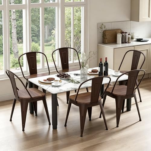18 Inch Dining Chairs Set of 4, Farmhouse Metal Chairs with High Back and Wooden Seat, Stackable Industrial Bar stools for Dining Room(Rusty) - color: Rusty
