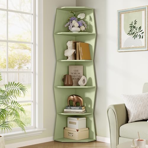 6-Tier Wavy Corner Shelf, Wooden Tall Corner Bookshelf, Green | 70'' Narrow Corner Shelves, Modern Irregular Corner Bookcase for Living Room, Bedroom, Anti-tip Kit, 33lbs/Shelf - color: Pearl Green