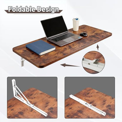Neoaider Wall Mounted Folding Table 47.2”L x 19.7”W, Brown | Laundry Folding Table with Heavy Duty Metal Collapsible Shelf Brackets, Wall Mounted Desk Fold Down for Small Spaces - color: Brown, size: 47.2" x 19.7"