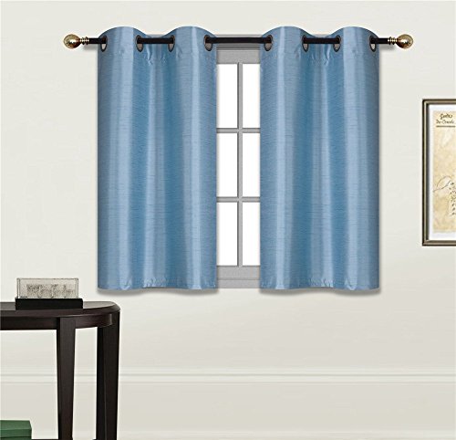 Elegant Home 2 Panels Tiers Grommets Small Window Treatment Curtain Faux Silk Insulated Blackout Drape Short Panel 28" W X 36" L Each for Kitchen Bathroom or Any Small Window # D24 (Light Blue) - color: Light Blue