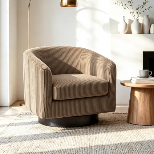 Swivel Barrel Chair, Corduroy Accent Chair, Camel | Modern Round Armchair | Comfy Upholstered Reading Seat with Removable Cushion | For Living Room, Bedroom, Office - color: Camel