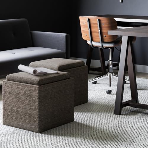SIMPLIHOME Rockwood 24" Wide Vegan Leather Storage Ottoman in Brown | Mink brown, contemporary ottoman with flip-over tray top and hidden storage; cube storage bench for living room. - color: Mink Brown