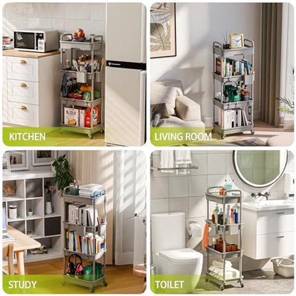 Sorgion 4 Tier Rolling Cart Organizer,Art Craft Diaper Bedside Snack Laundry Room Bathroom Organizer Narrow Thin Slim Rolling Trolley Utility Cart with Wheels for Kitchen,Office(Grey) - size: 4Tier-Grey