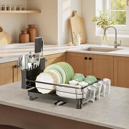 Runnatal Dish Drying Rack with Drainboard for Kitchen Counter and Sink | Large Dish Rack Rustproof Dish Drainer with Detachable 2-in-1 Utensil Holder, Extra Cup Holder, Black - color: Black, size: Standard