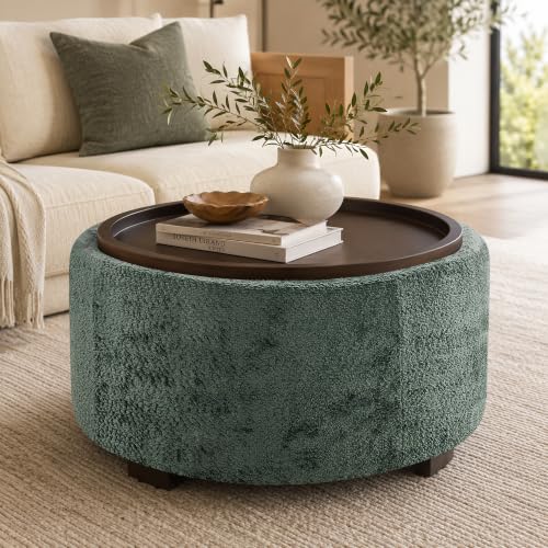 Zihanhome 30" Round Chenille Storage Ottoman Coffee Table with Removable Tray Top, Large Hidden Storage Ottoman, Solid Wood Legs for Living Room, Bedroom, Apartment (Moss Green) - color: Moss Green