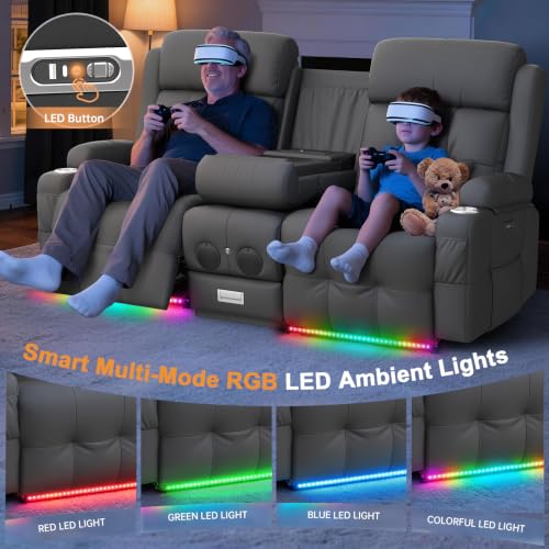 Home Theater Seating, Power Loveseat Recliner Sofa with Massage & Heat | Wall Hugger Reclining Loveseat with USB, RV Couch with LED Lights, Flip Backrest, Cup Holders for Movie Theater, Gaming Room - color: Pebbled Dark Gray, size: 72" - 2 Seats