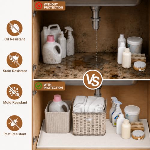 34"x22" Waterproof Silicone Under Sink Mat Drip Tray(Cream Brown) | Non-Slip Silicone Sink Liner & Drip Tray with Raised Edges, Versatile Floor & Cabinet Protector for Pets & Utility Area - color: Cream Brown