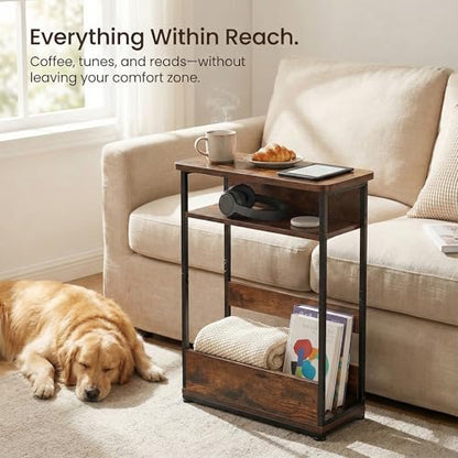 YEAKOO Narrow Side Table,3-Tier End Table with Storage Shelf,Modern Sofa Table Thin Side Table for Narrow and Small Spaces, Skinny Bedside Table Small Nightstand with Magazine Rack Space Saving/Brown - color: Rustci Brown
