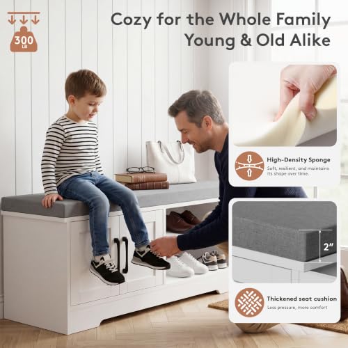 Farmhouse Shoe Storage Bench with 3-in-1 Entryway Storage & Padded Seat | 47.3" Wide Entryway Bench with Adjustable Shelves, Shoe Organizer & Side Storage Rack for Living Room, Bedroom, White - size: 47.3" Wide