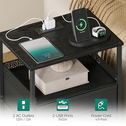 JARHETUN Night Stand Set 2 with Charging Station, 3 Drawer Nightstands with LED Lights, End Table with Outlets and USB Ports, Side Table with Open Shelf, Bedside Tables for Bedroom, Black - color: Black, style: Power & LED