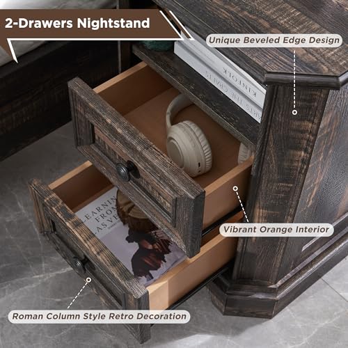 T4TREAM Farmhouse Nightstand with Charging Station, 18" End Table with 2 Drawers, Wood Side Table, Bedside Cabinet for Bedroom, Living Room (Dark Rustic Oak) - color: Dark Rustic Oak