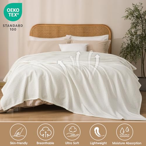 David's Home Cozy Waffle Weave Throw Blanket, Ultra Soft Breathable Lightweight Skin-Friendly Throw for All Seasons, Elegant Room Decor for Couch Bed Sofa Car Travel, White - color: Coconut White