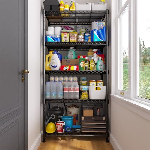 REIBII 60" H Wire Shelving, 1000LBS Heavy Duty & Adjustable, for Kitchen | Space Saving, Leveling Feet, Powder Coated Waterproof, Tool-Free Shelves, Freestanding, Anti-Tipping, Rust-resistant - size: 5 Tier,13.4" D x 23.2" W x 60" H